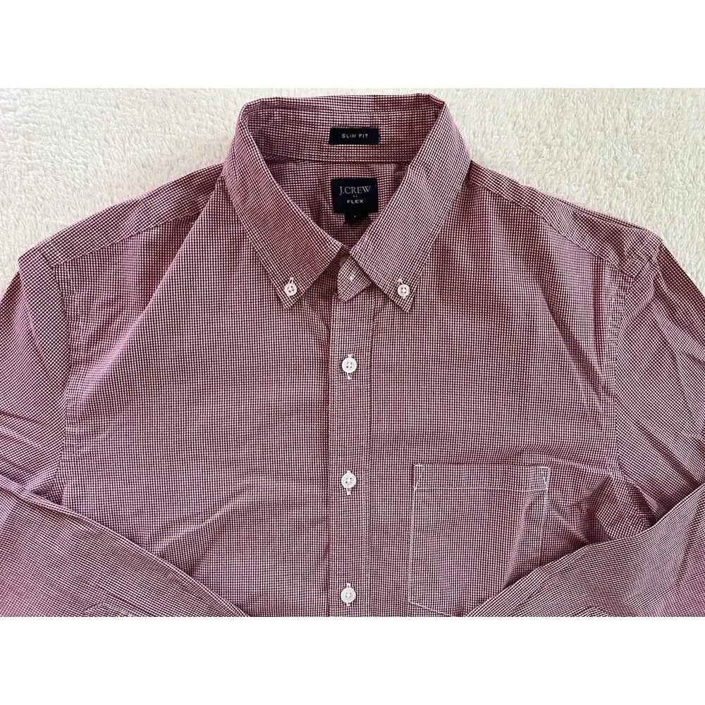 J Crew Shirt Mens Medium Burgundy Check Slim Fit Flex Button Down EUC
